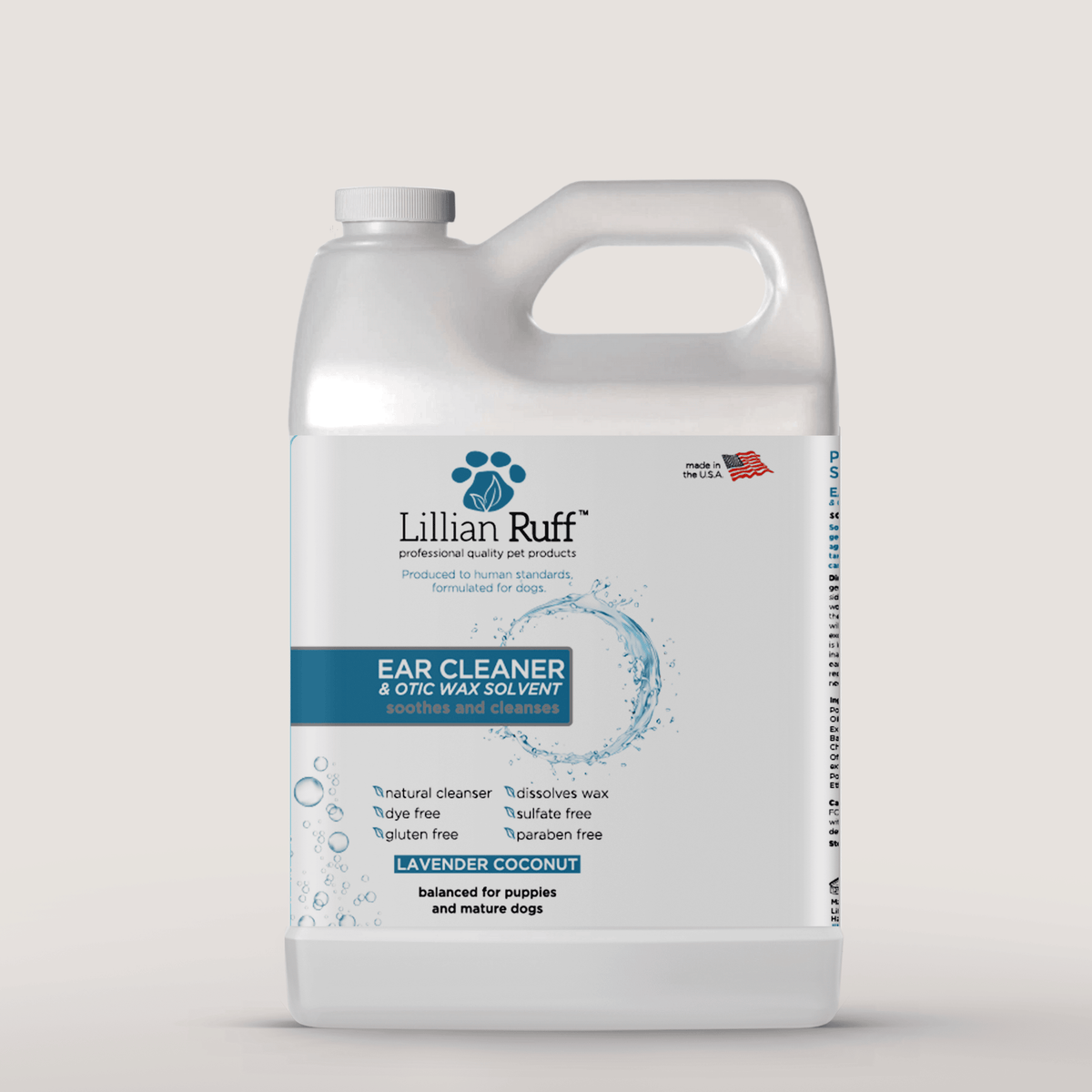 Ear Cleaner and Otic Wax Solvent, a gallon bottle for multi pet homes, Lillian Ruff, sold through Sniff and Shift