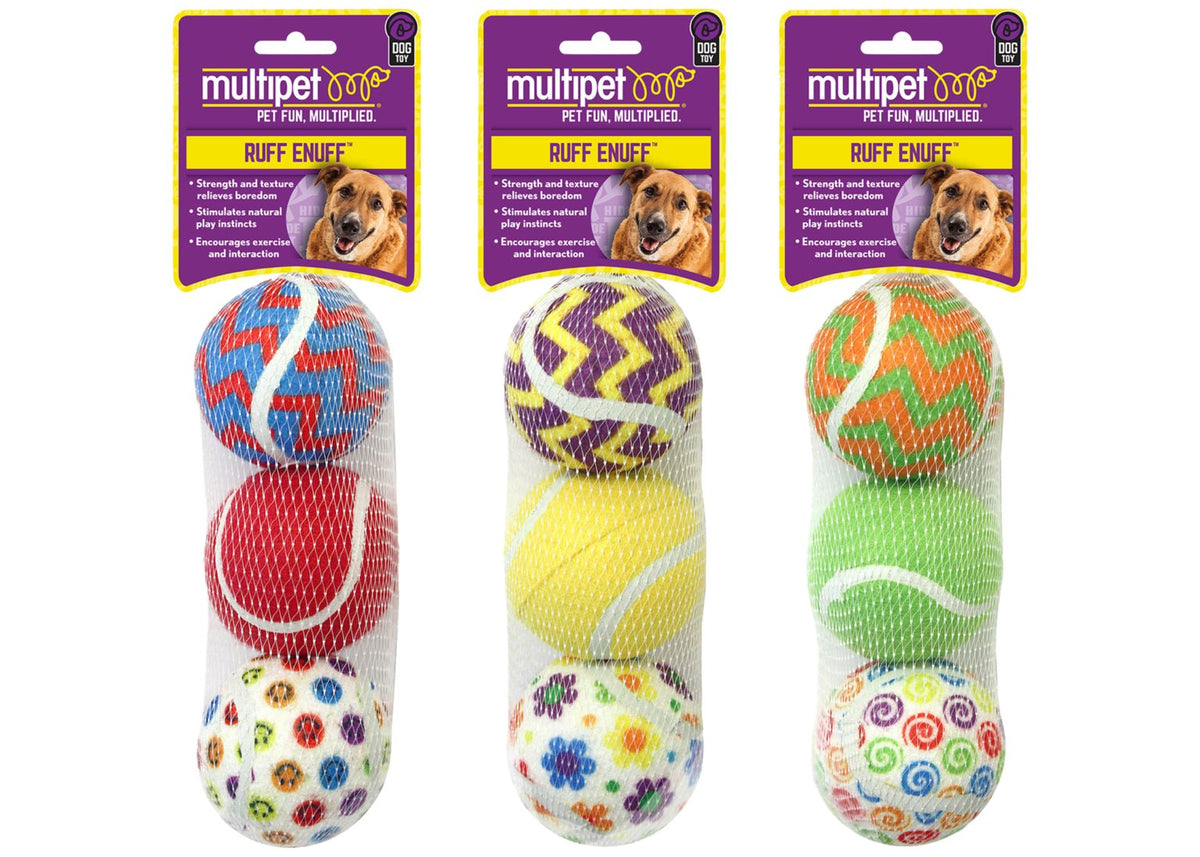 Multipet Tennis Ball 3-Pack dog toy, assorted swirl spiral floral smiley and solid designs