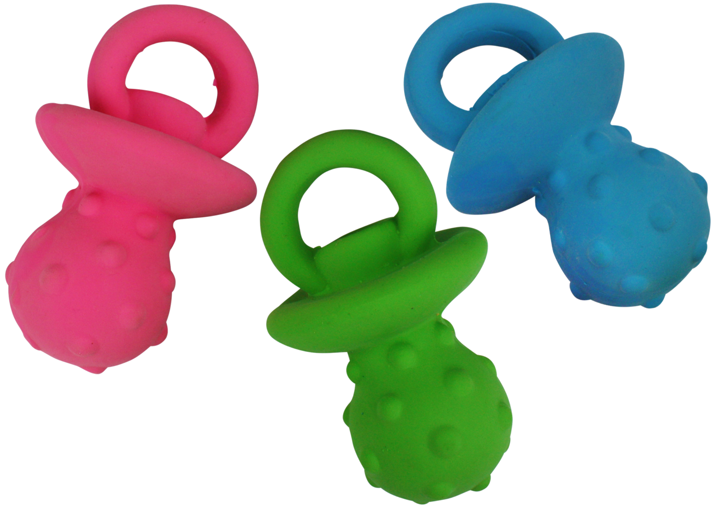 Multipet Minipet Latex Pacifier dog toy, assorted bright colors, squeaks when squeezed