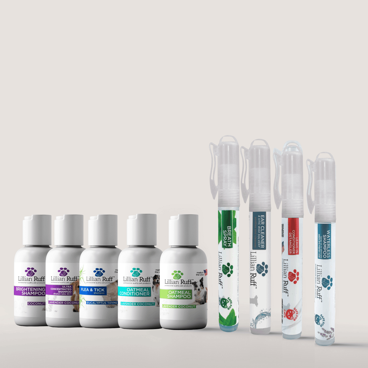 Lillian Ruff Premium Sample Set with nine travel size grooming products, Lillian Ruff, sold through Sniff and Shift