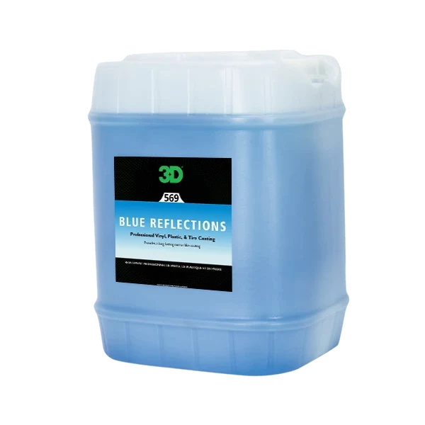 3D Blue Reflections Dressing 5 gallon square pail with blue liquid and black Blue Reflections label