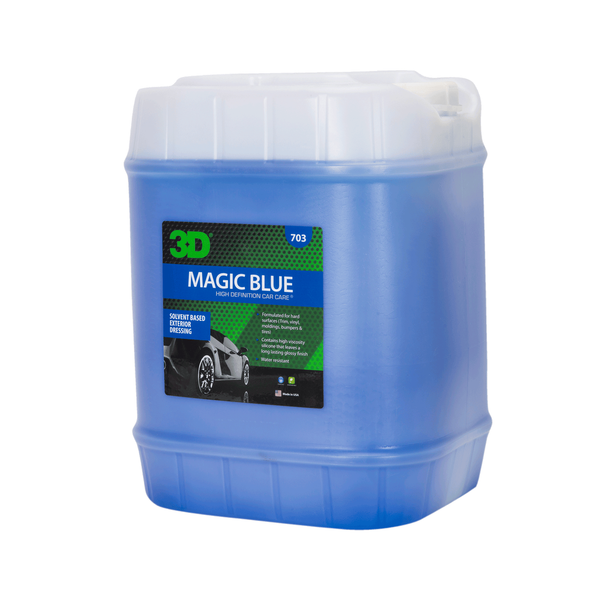 3D Magic Blue Tire Dressing 5 gallon pail of blue dressing with a black and blue 703 label