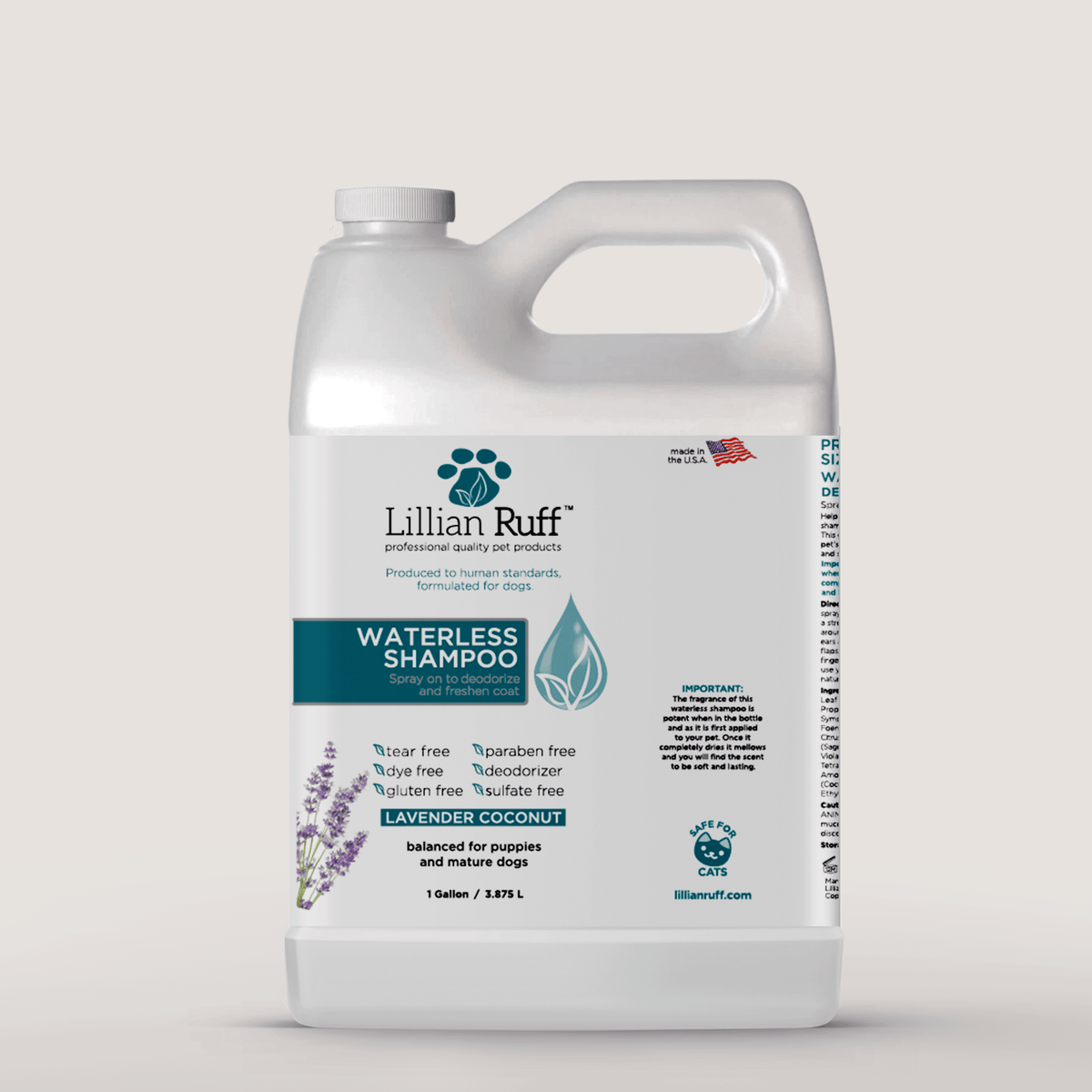 Gallon bottle of Waterless Shampoo, Lavender Coconut, Lillian Ruff, sold through Sniff and Shift