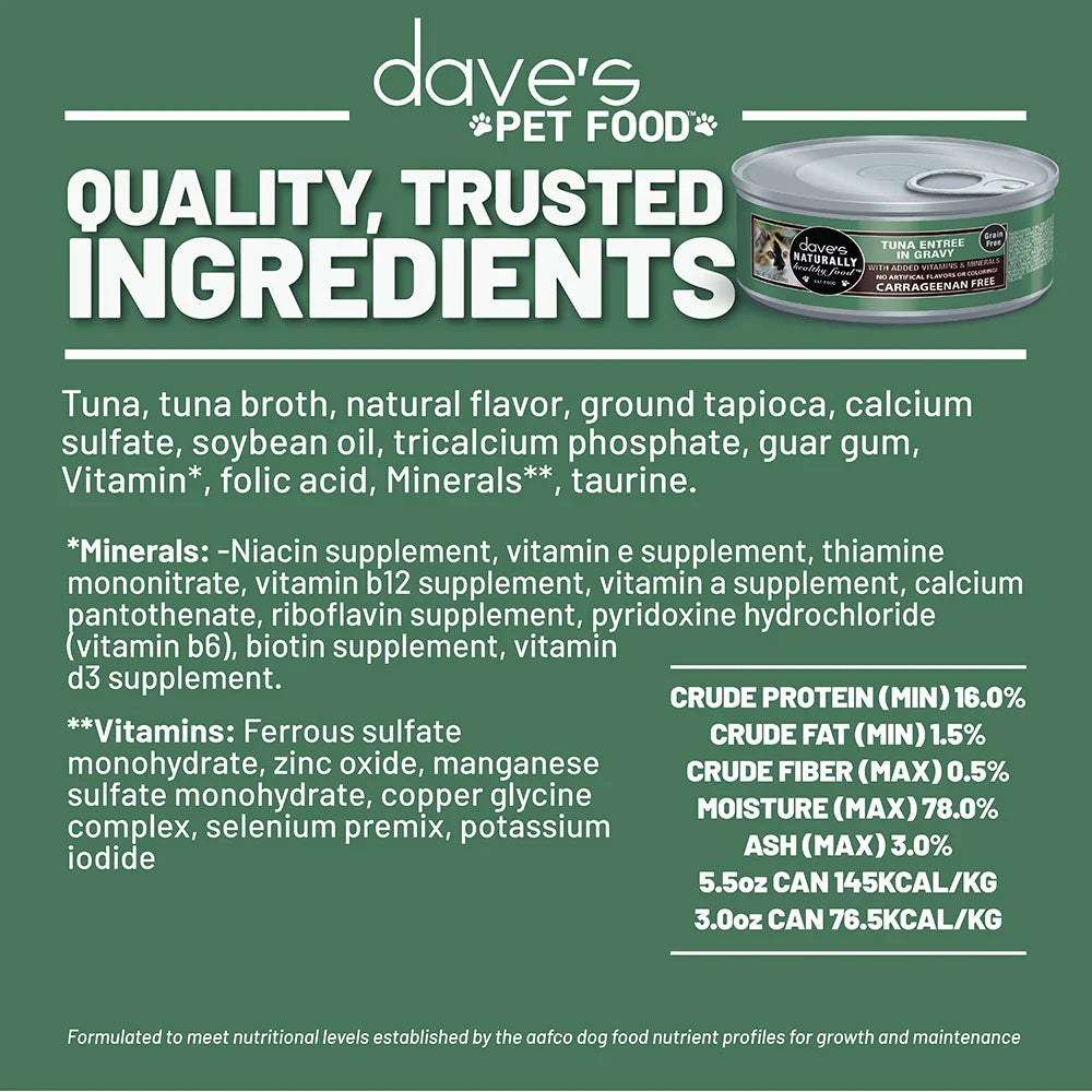Dave's Naturally Healthy Grain Free Tuna Entrée in Gravy Wet Cat Food (5.5oz)
