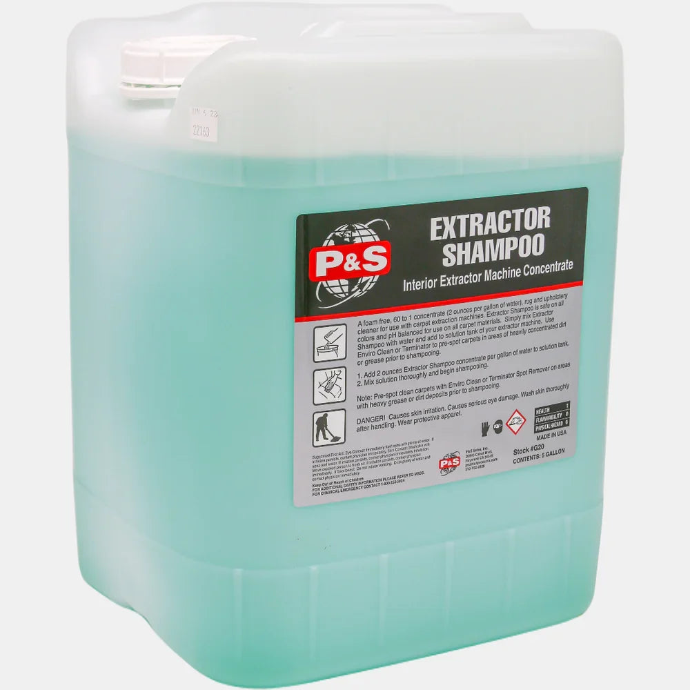 P&S Extractor Shampoo five gallon translucent jug of pale green liquid with a red and white label