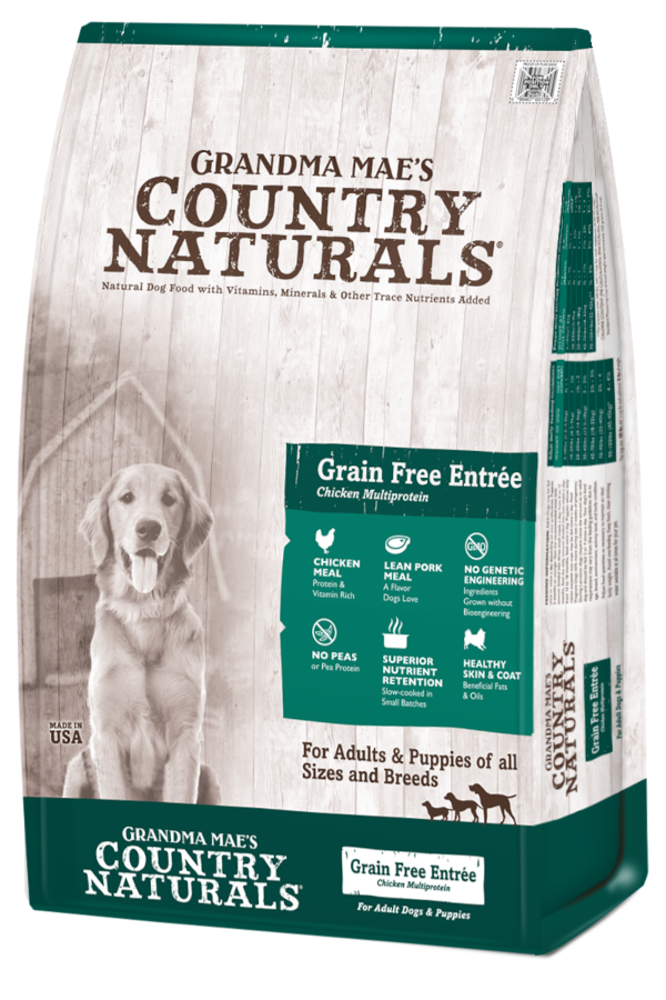 Bag of Grandma Mae's Country Naturals Grain Free Multi-Protein dry dog food with chicken, pork & whitefish