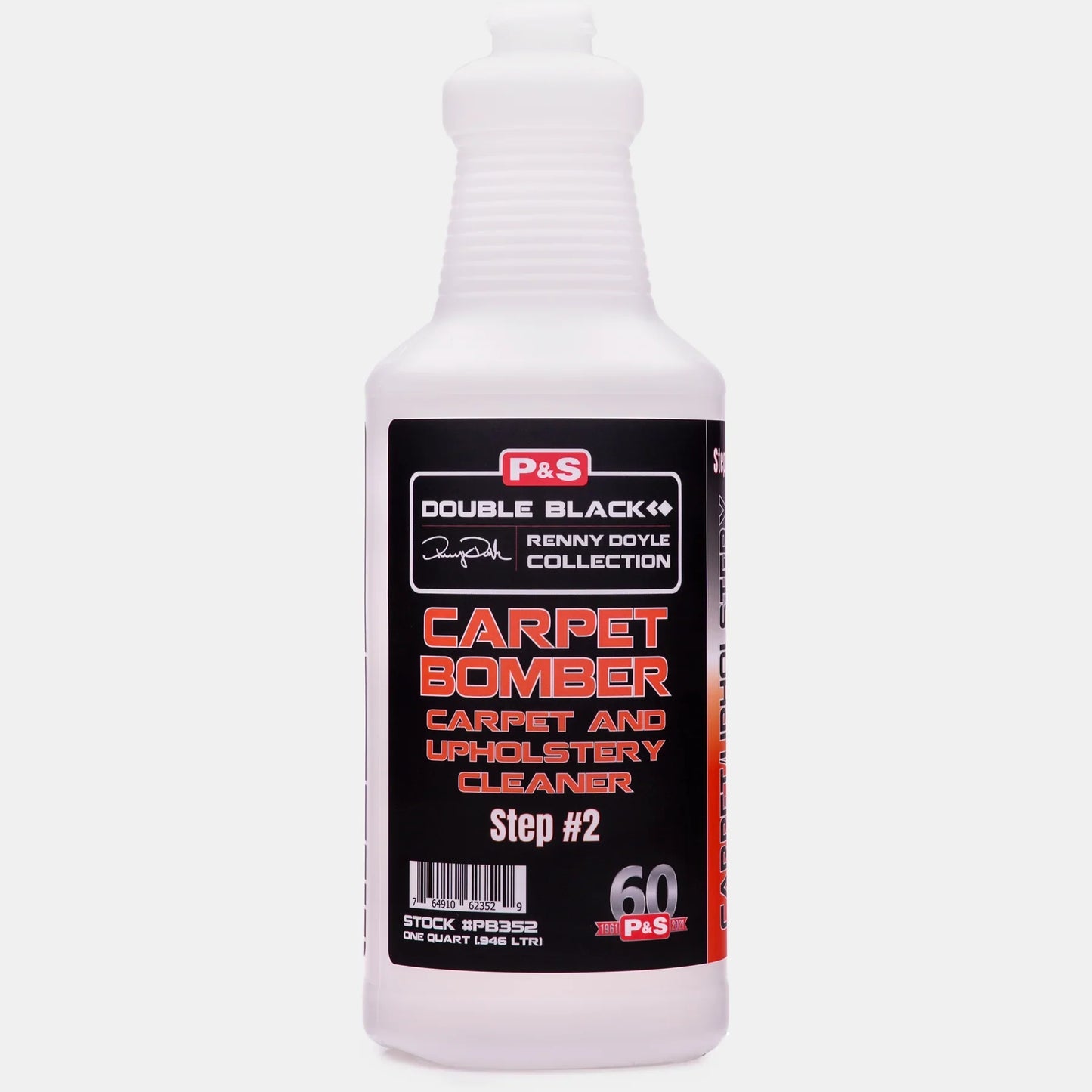 Empty white P&S Double Black quart bottle labeled Carpet Bomber Carpet and Upholstery Cleaner Step 2