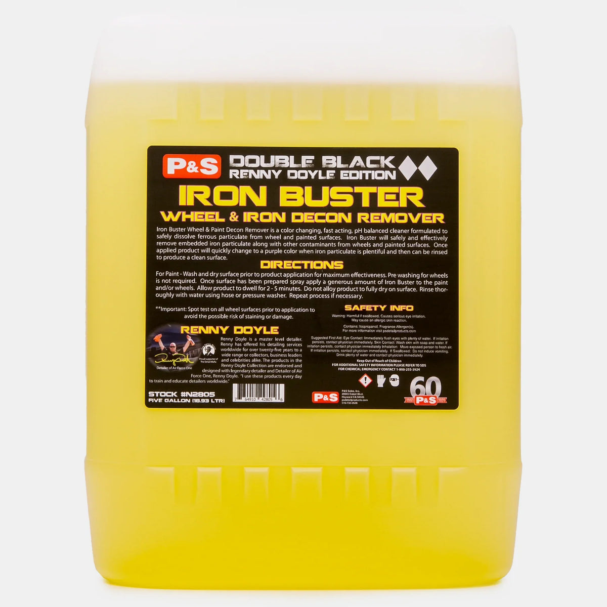 P&S Iron Buster Wheel and Paint Decon Remover 5 gallon container with yellow liquid and a yellow label
