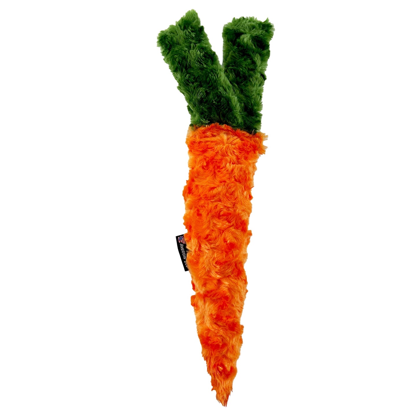 Carrot Plushie dog toy by American Dog, a 15 inch carrot shape sewn from super soft minky fleece