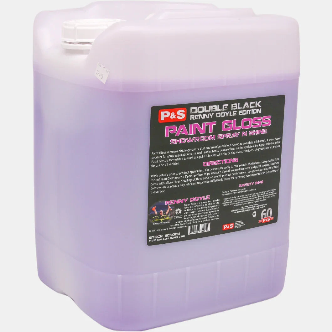 P&S Paint Gloss Showroom Spray N Shine 5 gallon pail of purple liquid with the black Double Black Renny Doyle Edition label
