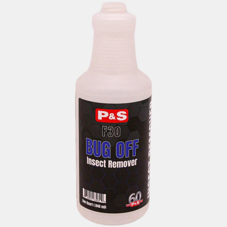 P&S Bug Off labeled empty secondary container bottle in natural plastic with a black and blue label