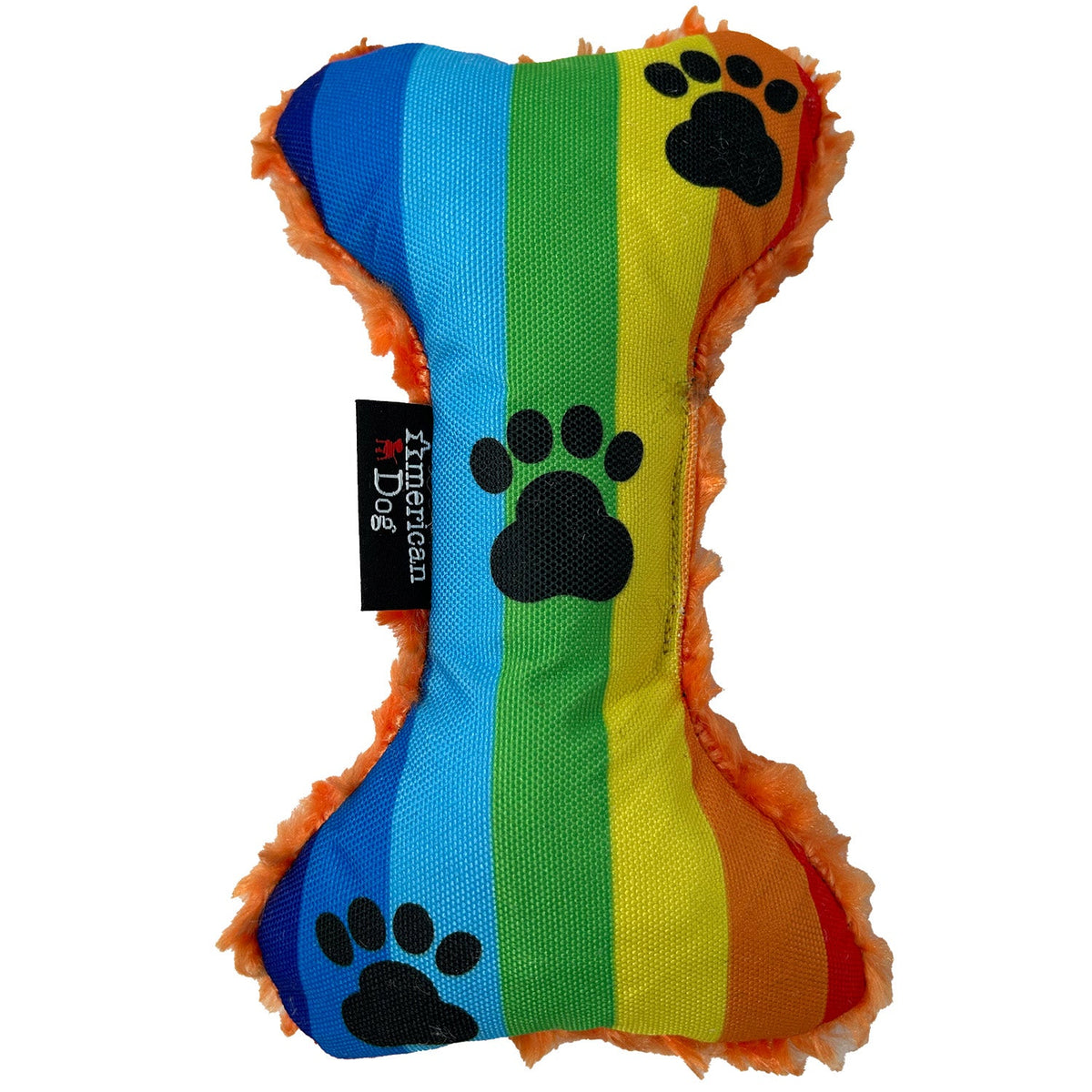 Rainbow Paw Bone dog toy by American Dog, rainbow paw print 1000D nylon front with a soft minky fleece back