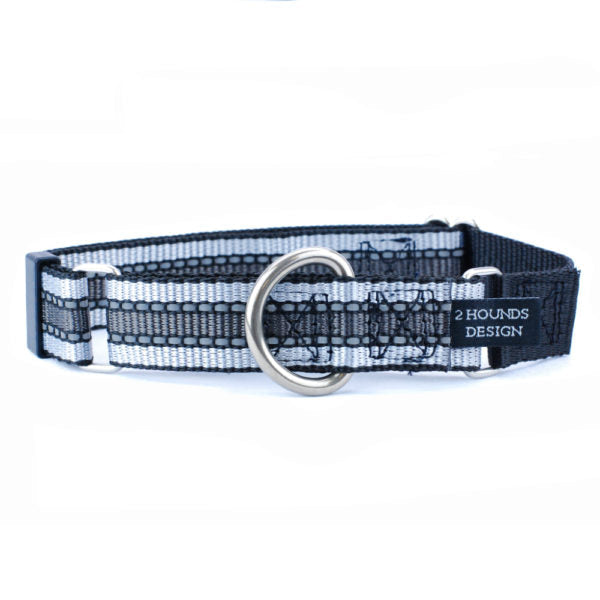 Reflective Black Nylon Martingale Dog Collar 5/8″ and 1″ by 2 Hounds Design, sold through Sniff and Shift