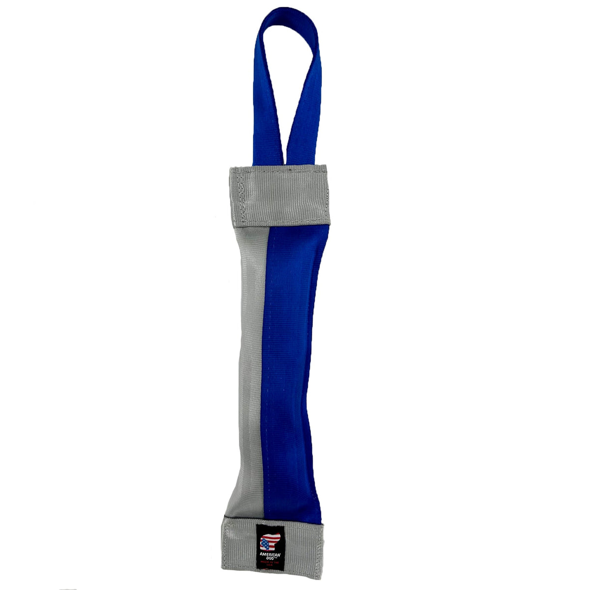 Seatbelt 2-Tone Tube Tug dog toy by American Dog in blue and silver seatbelt webbing