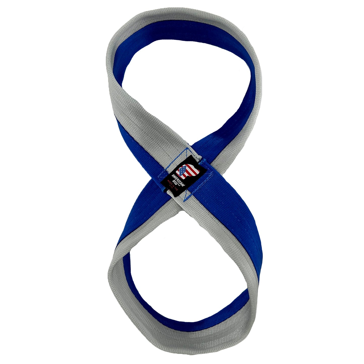 Seatbelt 2-Tone Figure 8 Tug dog toy by American Dog in blue and silver seatbelt webbing