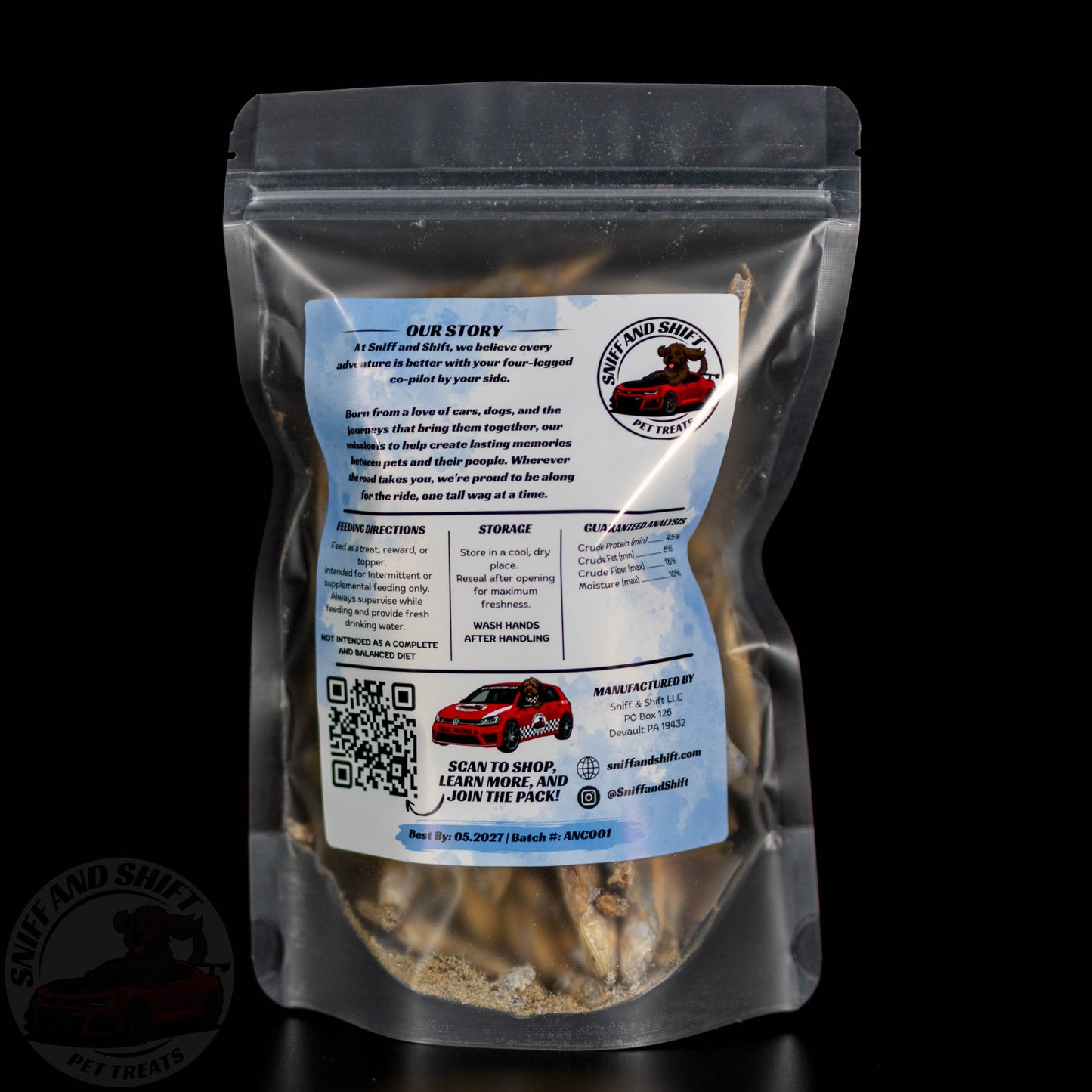 Freeze-Dried Anchovies — back of bag with ingredients, feeding directions and guaranteed analysis