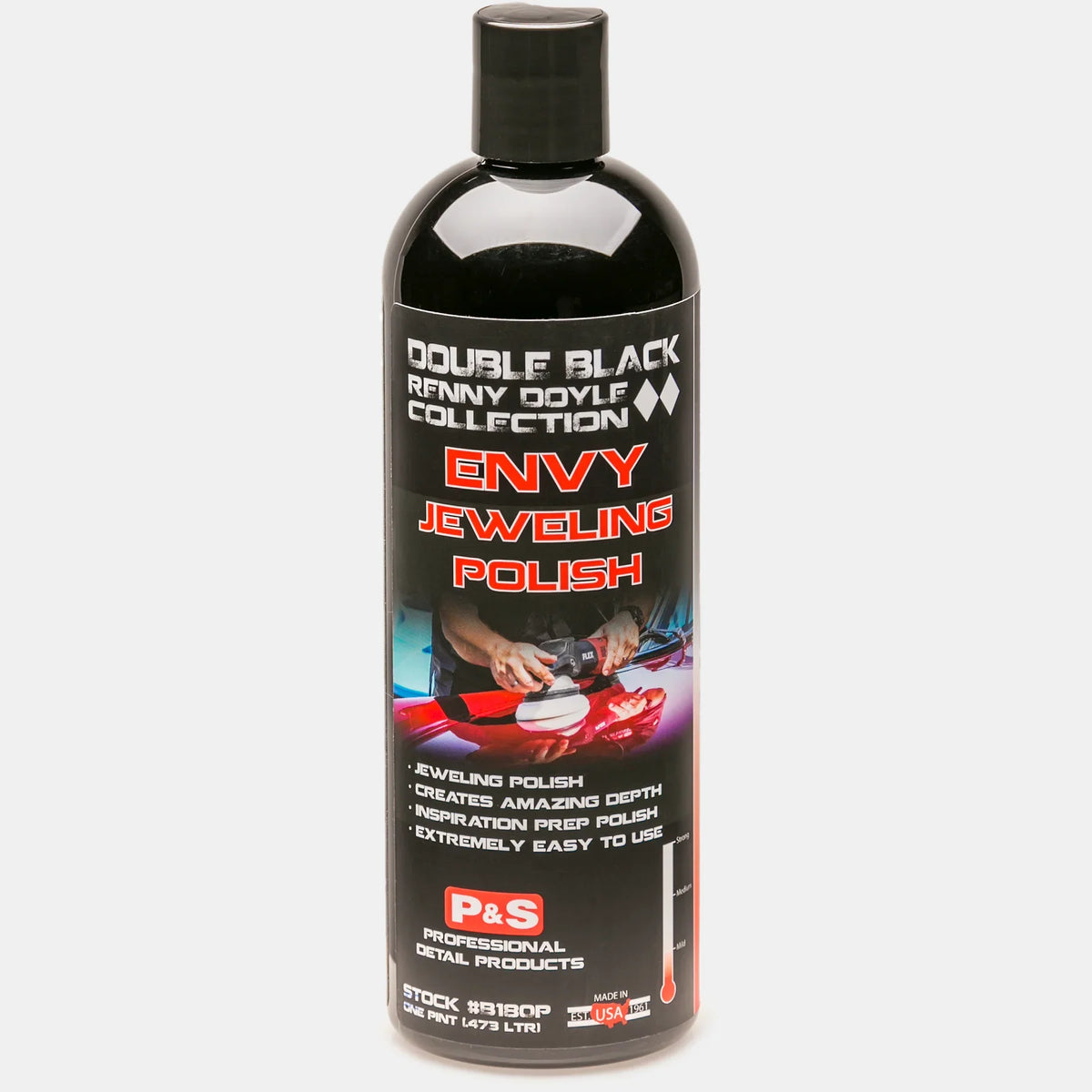 P&S Envy Jeweling Polish pint bottle, black bottle with a red and white Double Black label