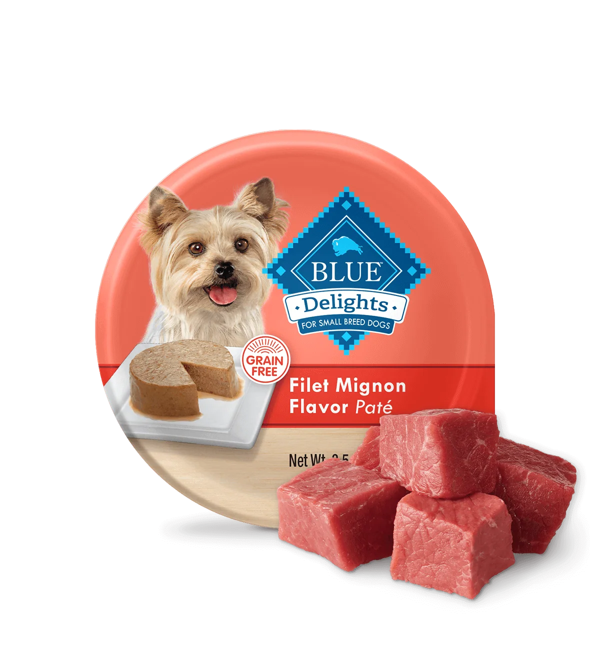 3.5oz tray of Blue Buffalo Delights Filet Mignon Pate small breed wet dog food
