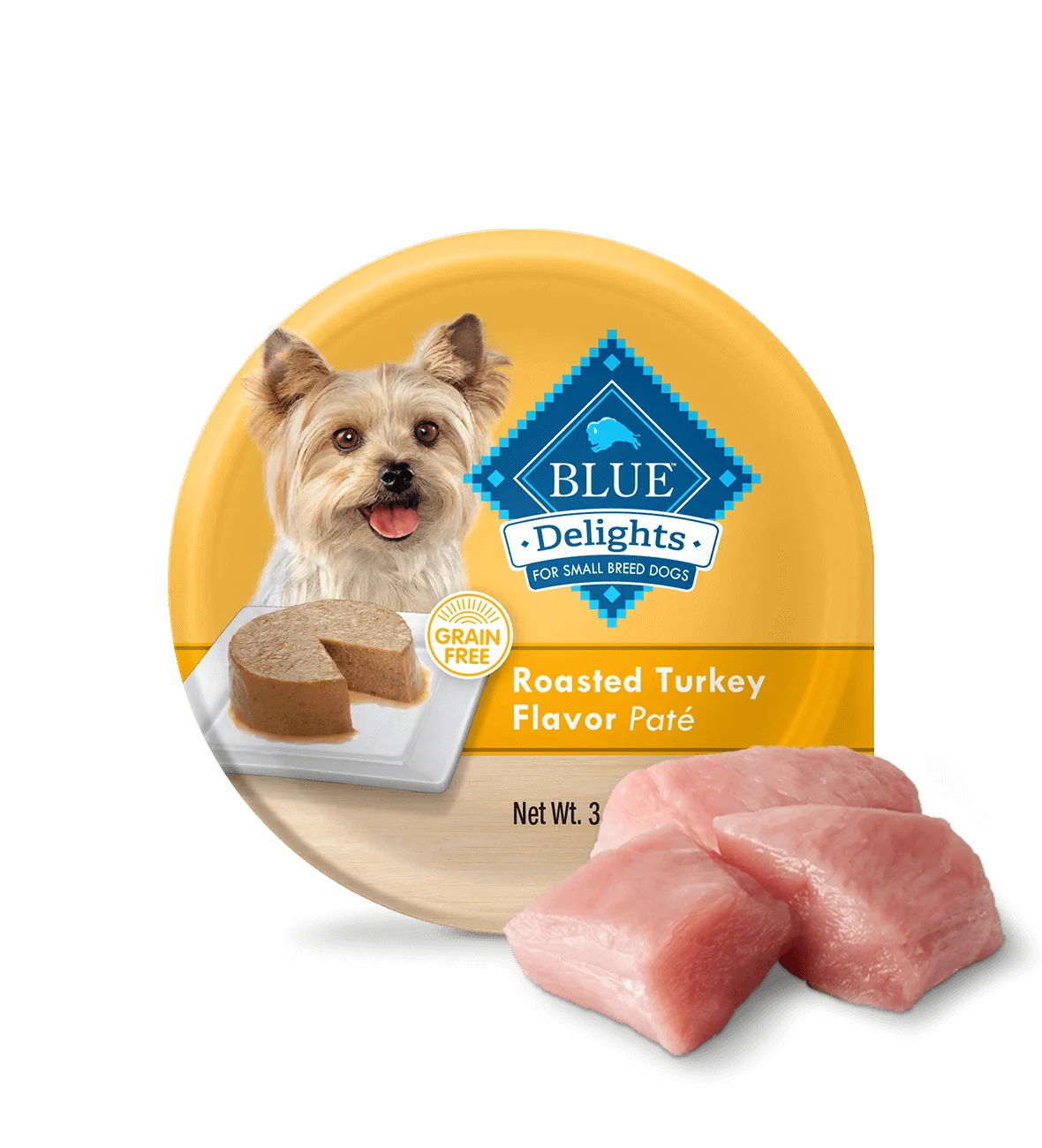 3.5oz tray of Blue Buffalo Delights Roasted Turkey small breed wet dog food