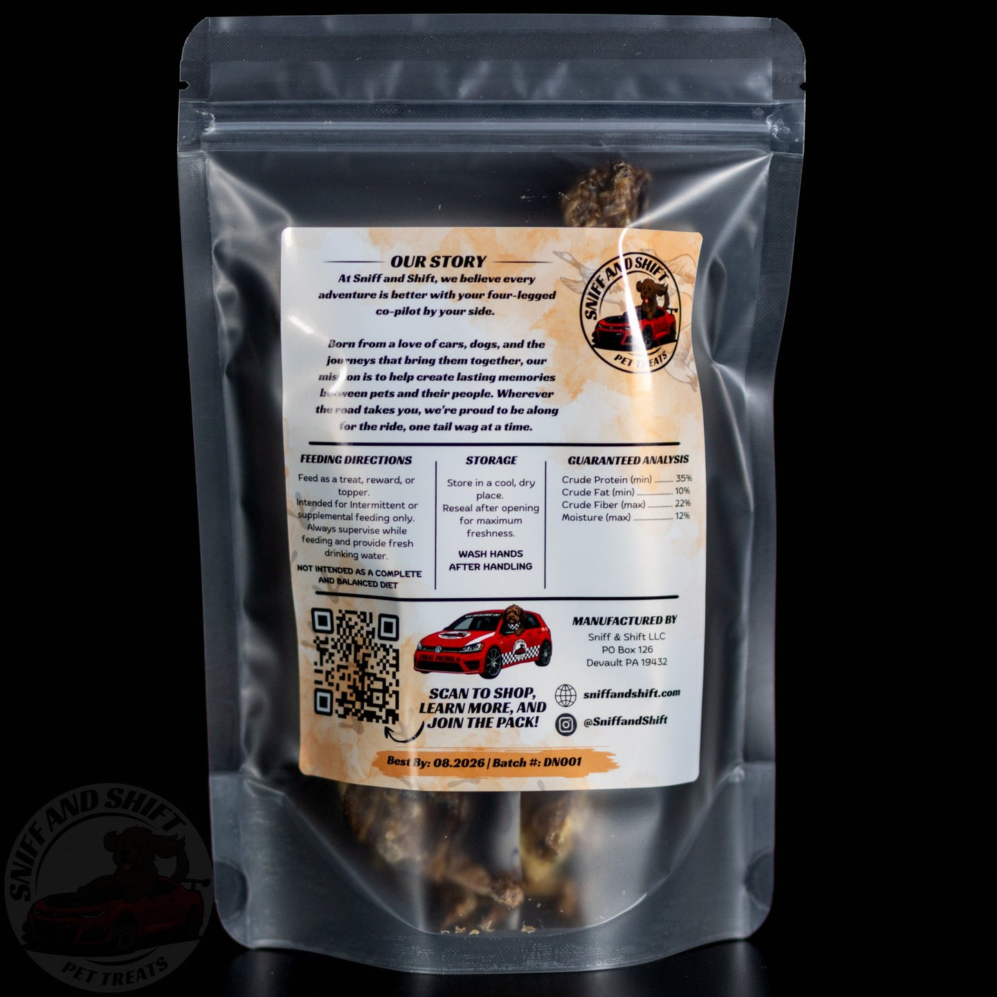Air-Dried Duck Necks — back of bag with ingredients, feeding directions and guaranteed analysis