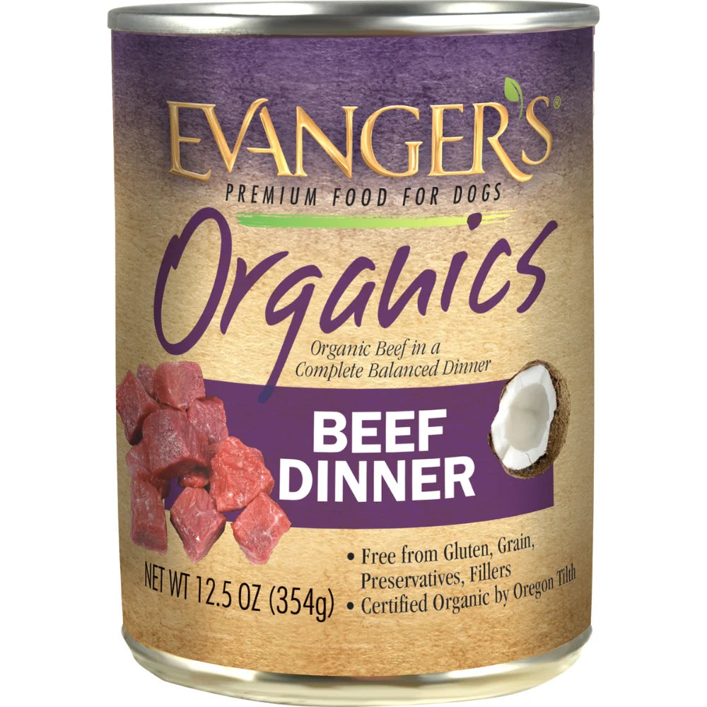 12.5 ounce can of Evanger's Organic Beef Dinner wet dog food