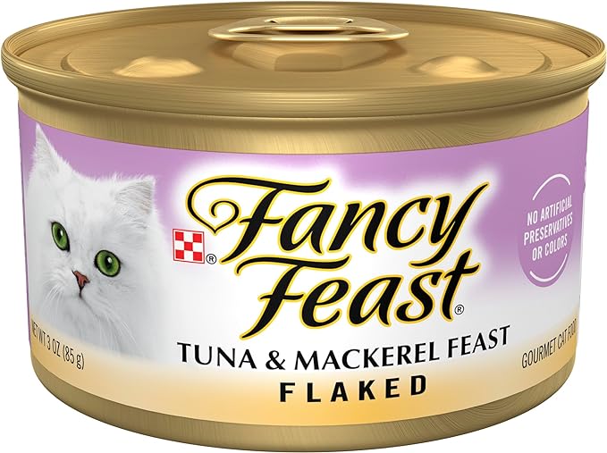 Fancy Feast tuna and mackerel flaked cat food in broth wet cat food, 3 ounce can