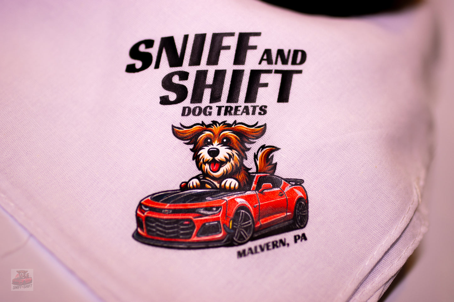 Sniff & Shift Logo Bandana – The Ultimate Accessory for Your Four-Legged Co-Pilot!