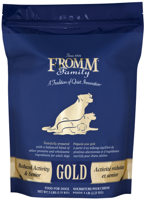 5lb, 15lb and 30lb bags of Fromm Gold Senior & Reduced Activity chicken dry dog food