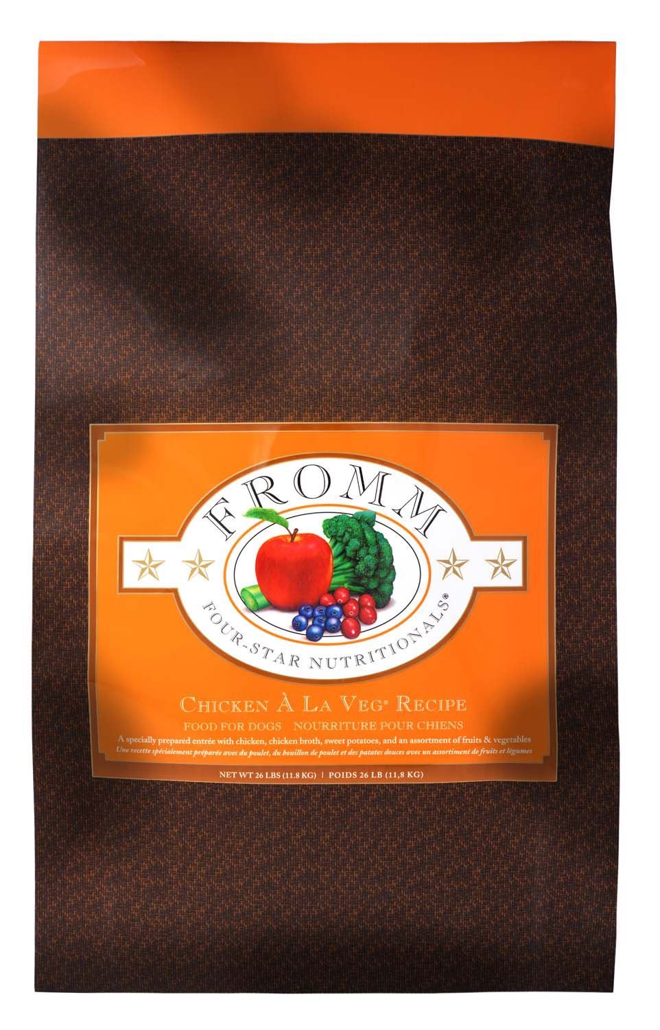 4lb, 12lb and 26lb bags of Fromm Four-Star Chicken A La Veg dry dog food