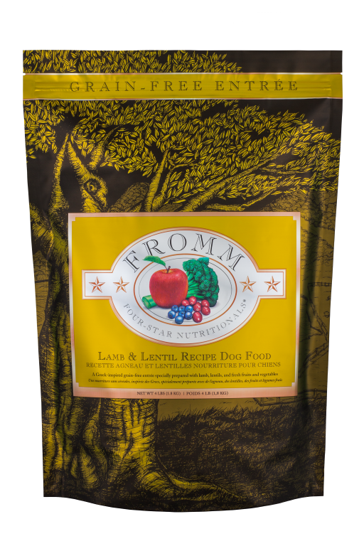 4lb, 12lb and 26lb bags of Fromm Four-Star Lamb & Lentil grain free dry dog food