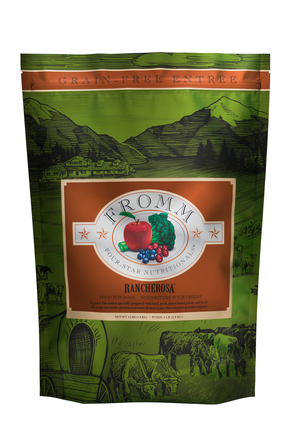 4lb, 12lb and 26lb bags of Fromm Four-Star Rancherosa grain free dry dog food