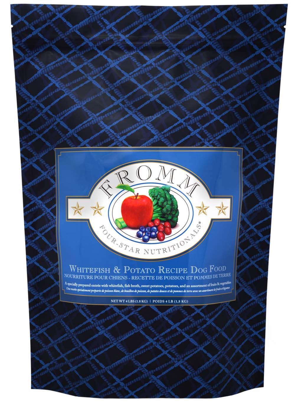4lb and 12lb bags of Fromm Four-Star Whitefish & Potato dry dog food