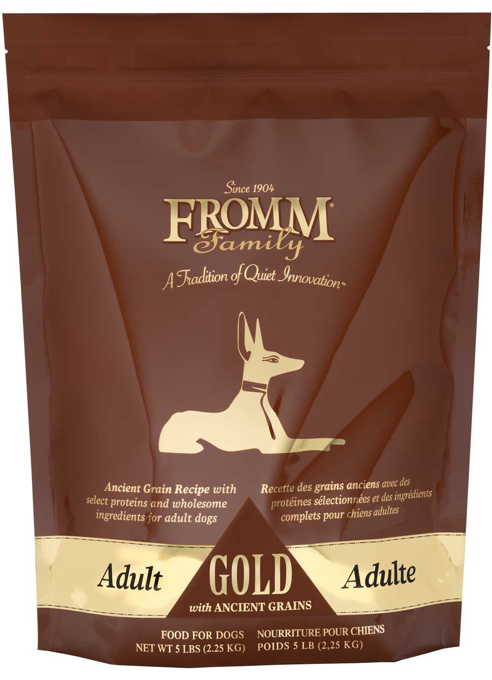 5lb, 15lb and 30lb bags of Fromm Gold Adult Ancient Grains Chicken dry dog food