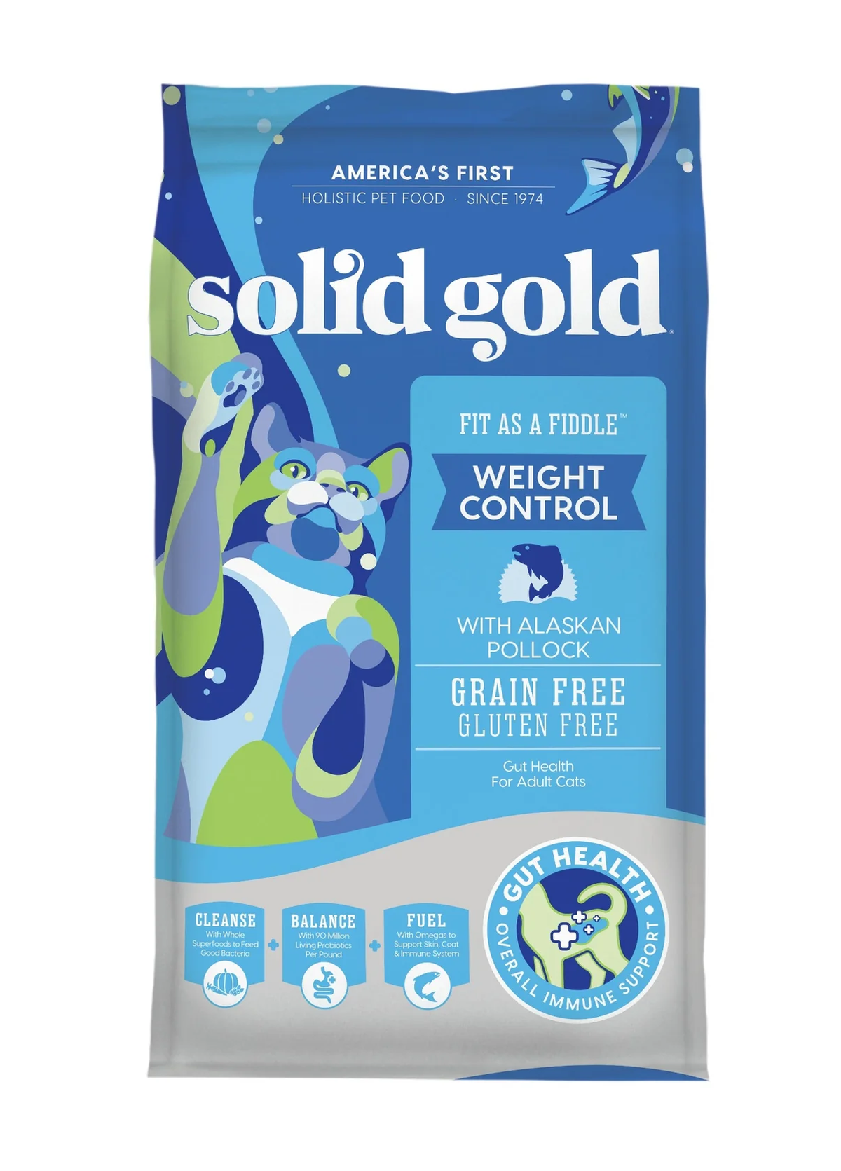 Bag of Solid Gold Fit as a Fiddle Alaskan Pollock cat food, 3lb size.