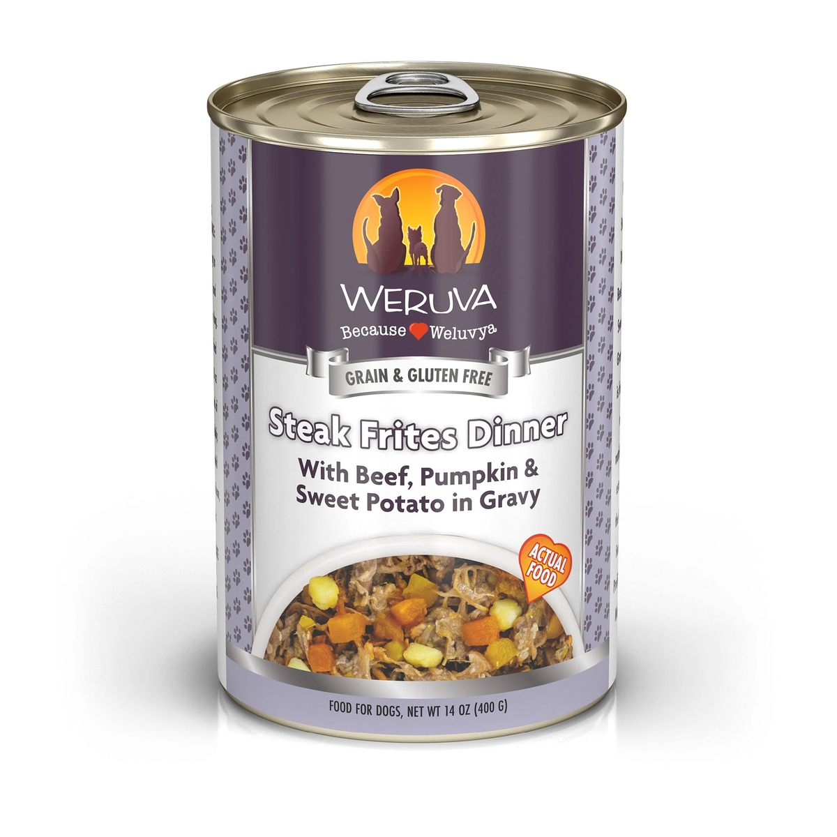 14oz can of Weruva Steak Frites Dinner wet dog food