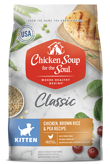 Bag of Chicken Soup Kitten Chicken, Brown Rice and Pea food, 4.5lb size.