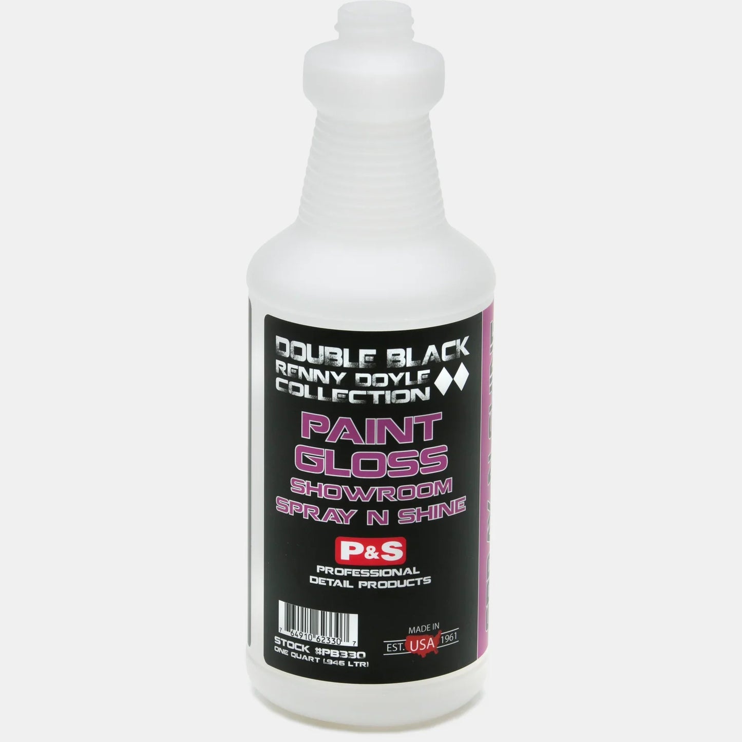 P&S Paint Gloss labeled quart bottle in natural white plastic with a black and pink Double Black label