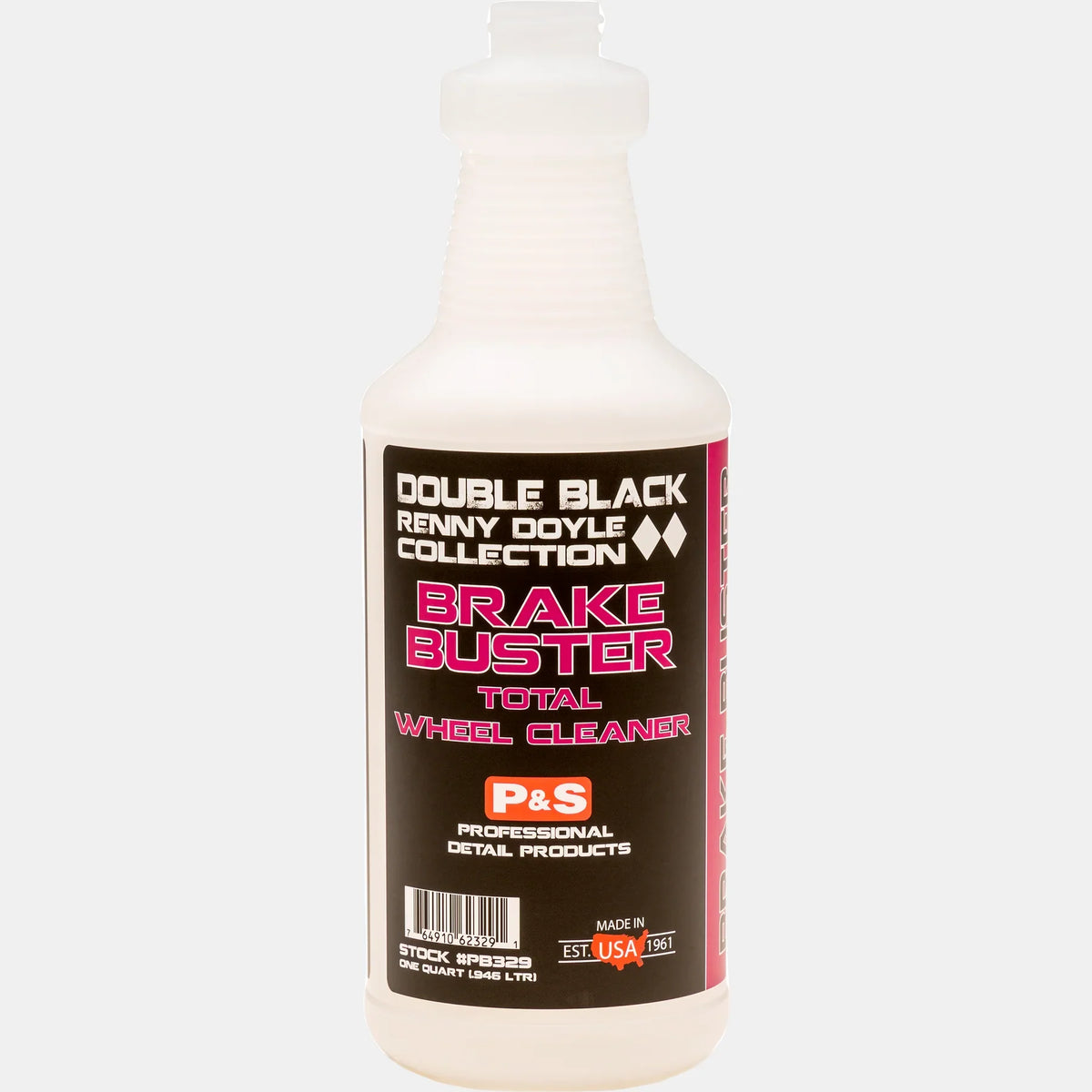 P&S Brake Buster 32 oz secondary container spray bottle, natural white plastic with a black and pink Double Black Collection label and no sprayer fitted