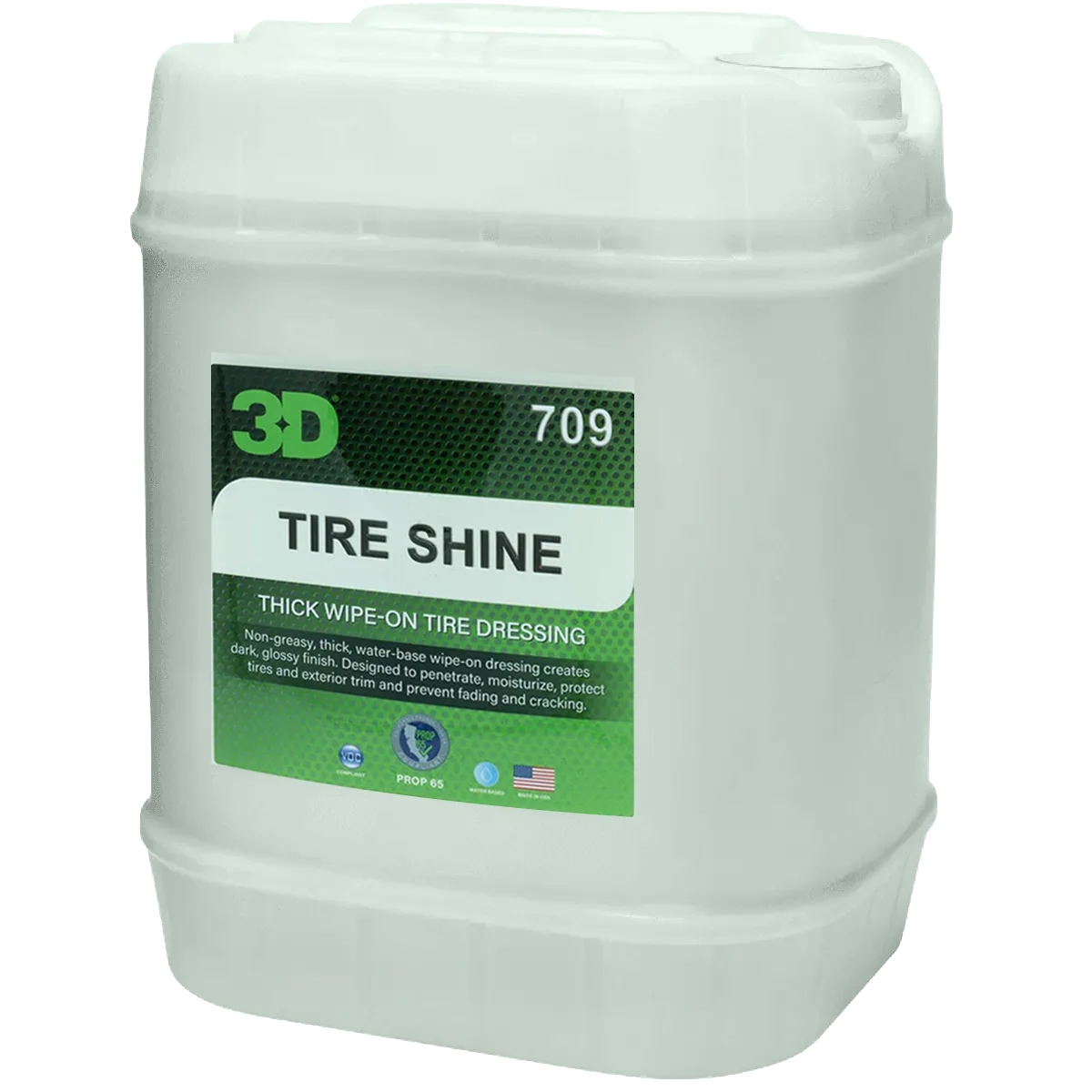 3D Tire Shine 5 gallon pail, pale green plastic bucket with a green and black Tire Shine label