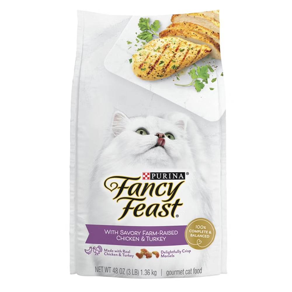 Bag of Fancy Feast Gourmet Chicken & Turkey dry cat food, 3lb size.