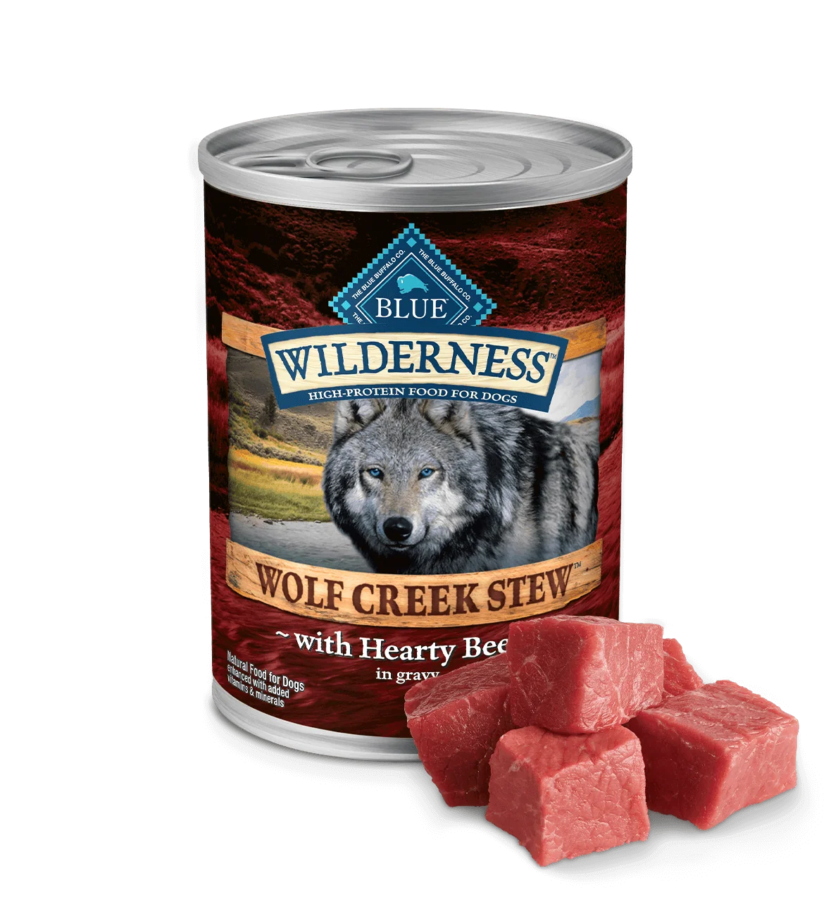 12.5oz can of Blue Buffalo Wilderness Wolf Creek Stew Hearty Beef Stew wet dog food