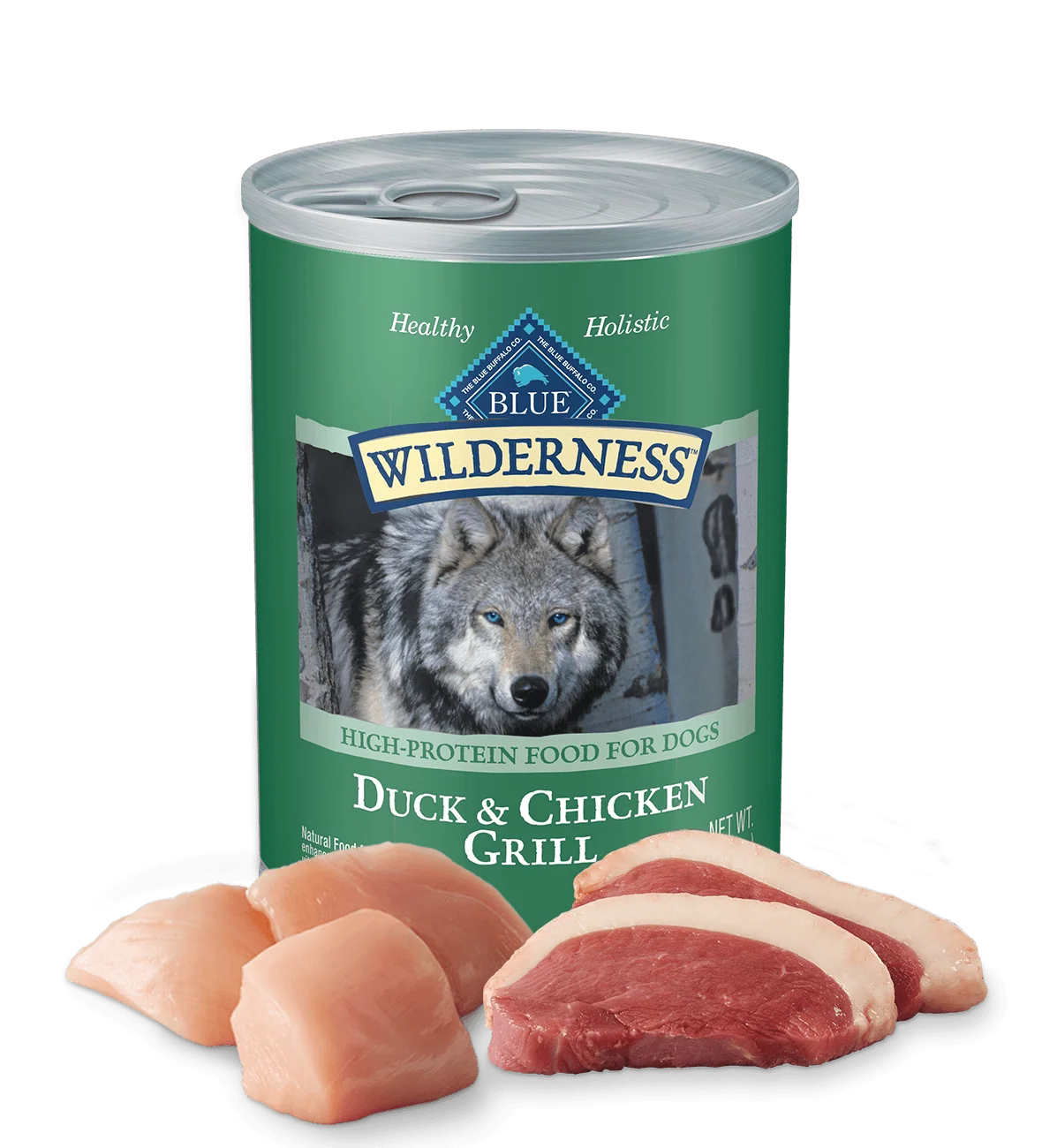 Can of Blue Buffalo Wilderness Duck & Chicken Grill wet dog food, 12.5oz