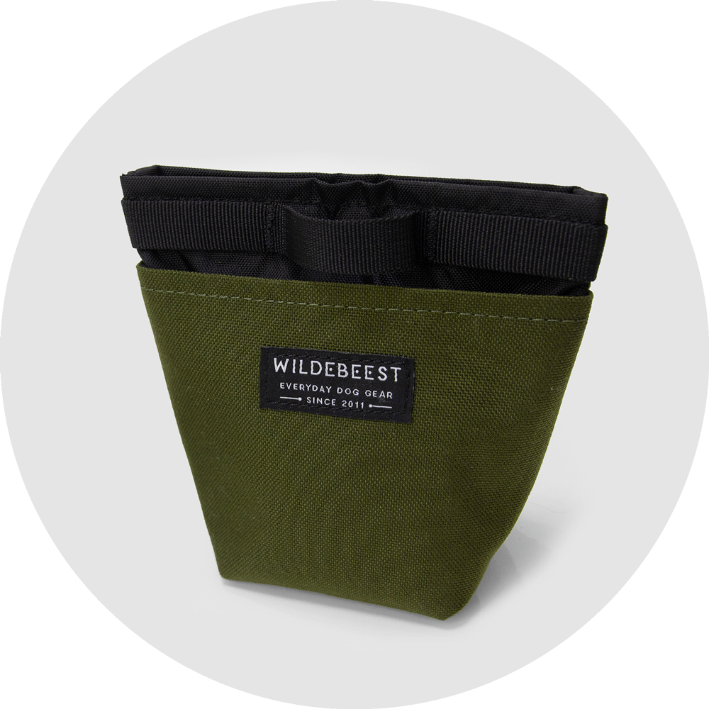 Olive Wildebeest Alamo dog treat pouch with magnetic snap closure and two compartments