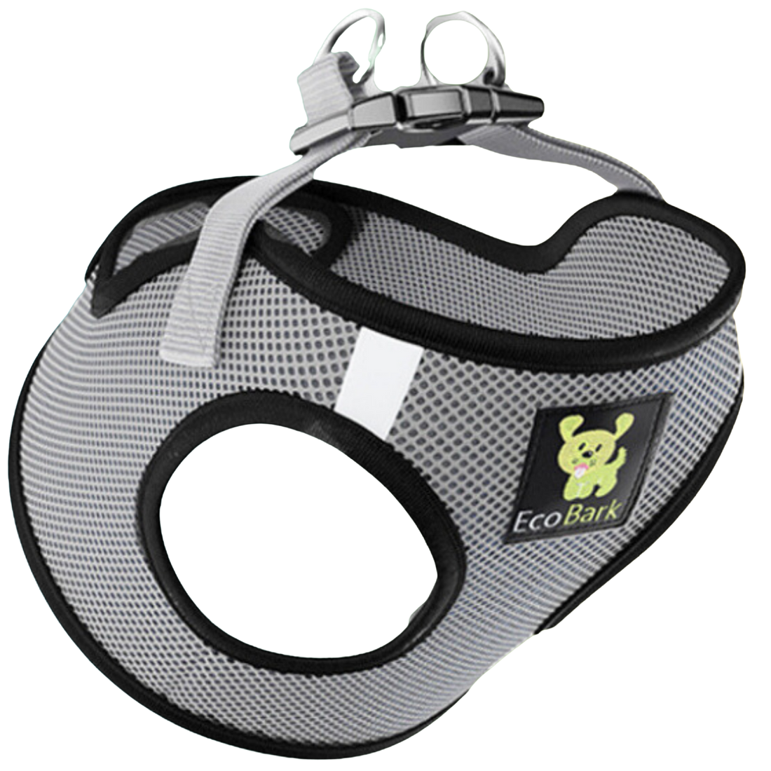 Grey EcoBark step-in mesh dog harness with reflective shoulder strips