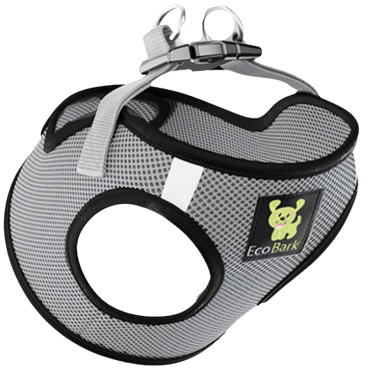 Grey EcoBark step-in mesh dog harness with reflective shoulder strips
