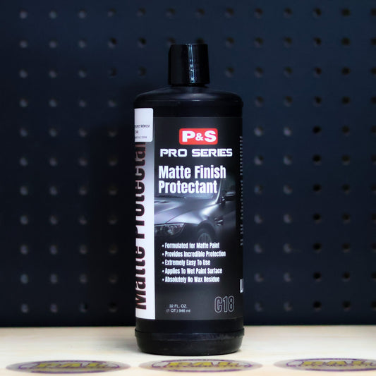 P&S Matte Finish Protectant black bottle with a Pro Series label showing a matte finished car