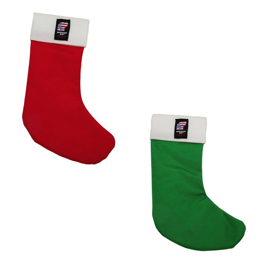 Red and green Holiday Stocking dog toys by American Dog, sewn from ballistic fabric