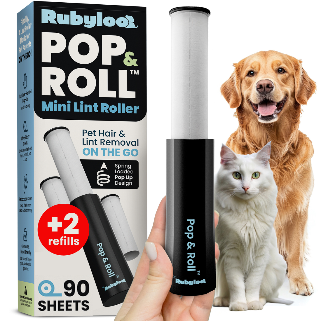 Rubyloo retractable mini lint roller for pet hair with two refill rolls