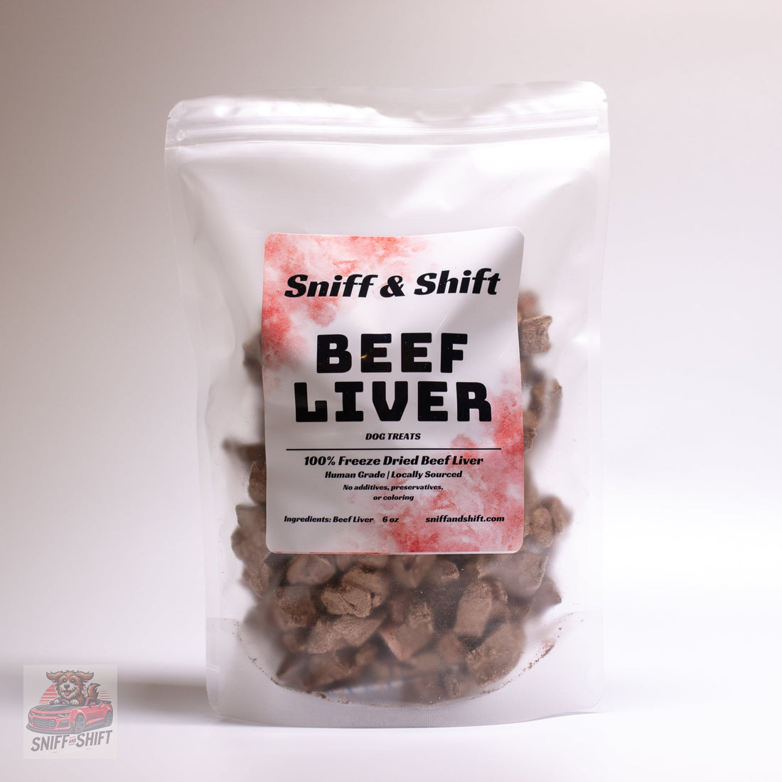 Bag of Sniff and Shift single-ingredient freeze-dried beef liver dog treats