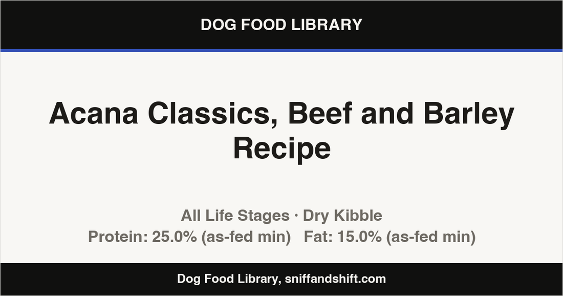 Spec card for Acana Classics, Beef and Barley Recipe: Dry Kibble, All Life Stages